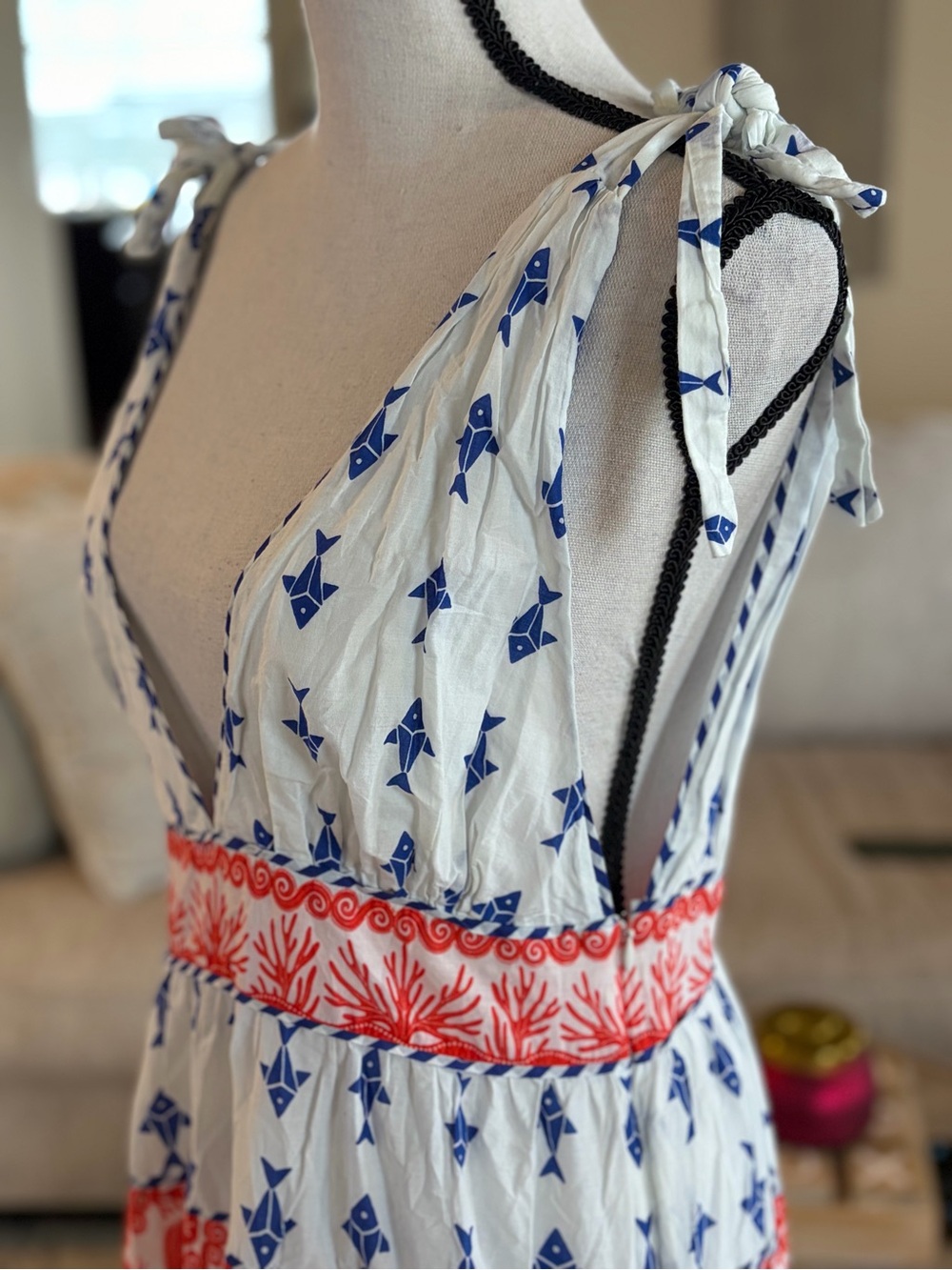 FARM Rio White Mini Dress with Blue Geometric Print and Red Trim - Picture 6 of 7